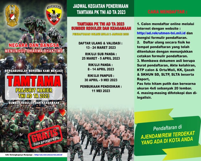 OPEN RECRUITMENT TAMTAMA PK TNI AD TA. 2023